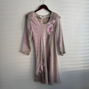 Yolanda Lorente 1980s Vintage Hand Painted Grey/Purple Floral 100% Silk Dress